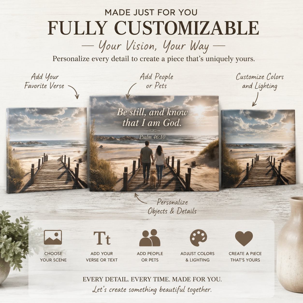 Customizable Beach Scripture Canvas — Personalized Family Beach Scene (Matte Framed)